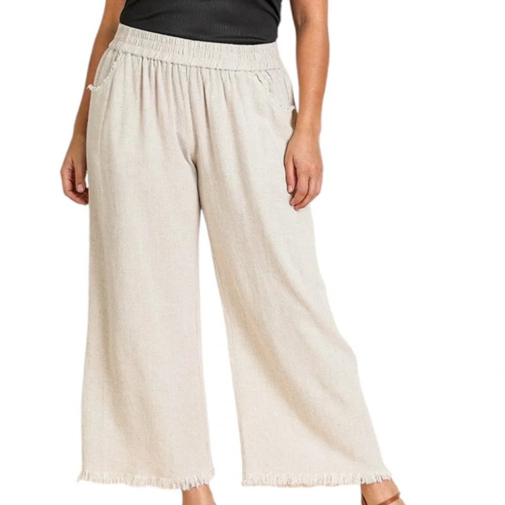 Neutral Ground Frayed Linen Beach Pants Tan